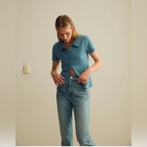 Madewell Ribbed Polo Button-Front Tee in Blue